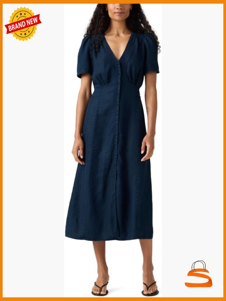 Short Sleeve V-Neck Midi Dress With A-Line Silhouette